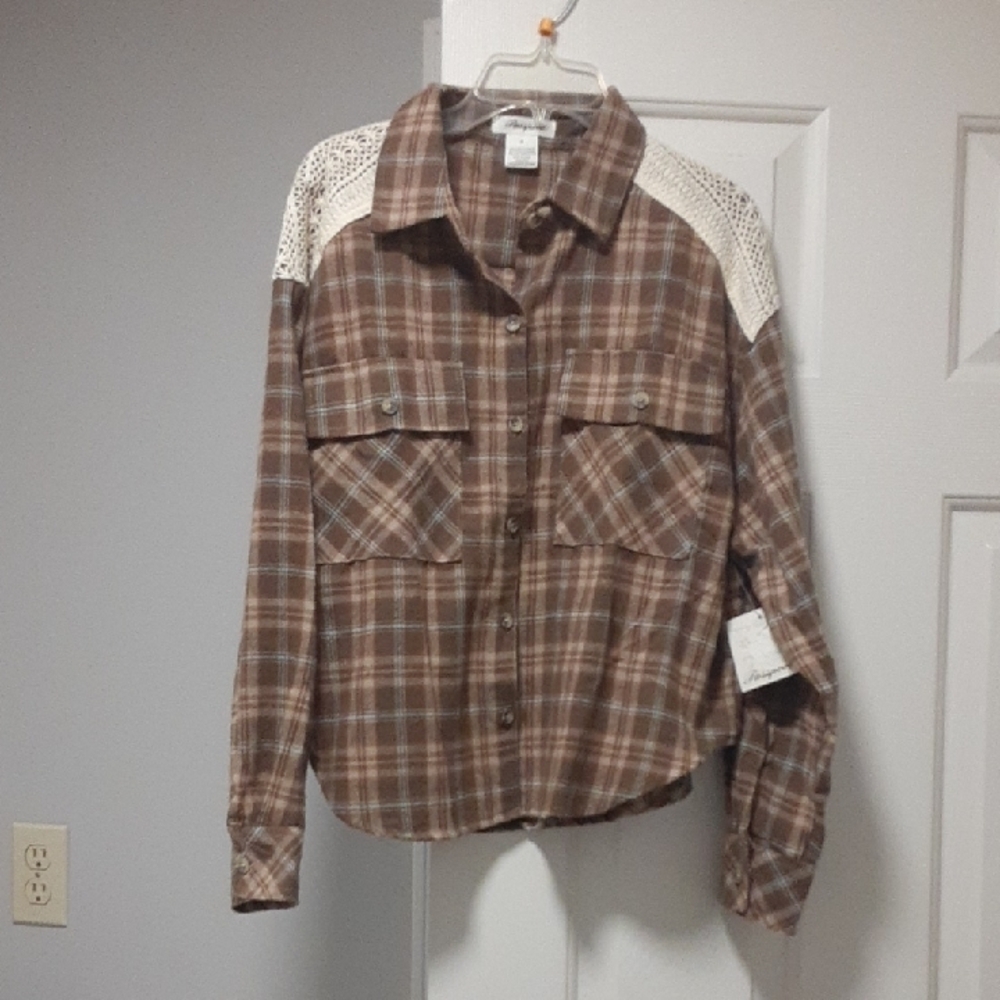 Brown Plaid Shirt with Lace Details